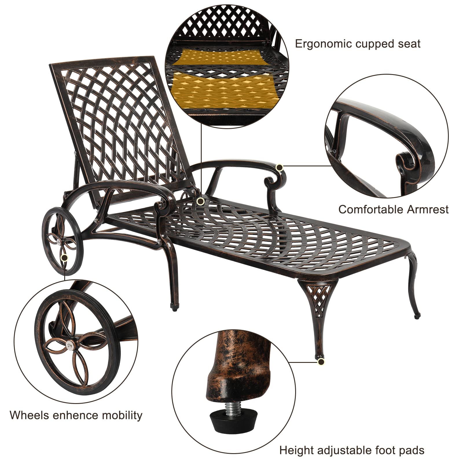 VINGLI Cast Aluminum Outdoor Chaise Lounge Chair with Wheels, Patio Chaise Lounge with 3-Position Adjustable Backrest, Outdoor Tanning Chair Patio Lounge Chair (Bronze, with Cushion)