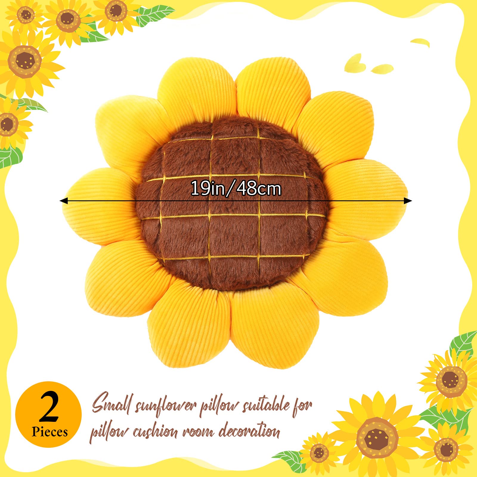 Coume 2 Pieces 3D Sunflower Flower Floor Pillow Seating Cushion Mat Sunflower Throw Pillow Yellow Sunflower Shaped Chair Pads Decorative Plush for Bed Car Couch Chair Sofa Office Girls Gifts (19 Inch)