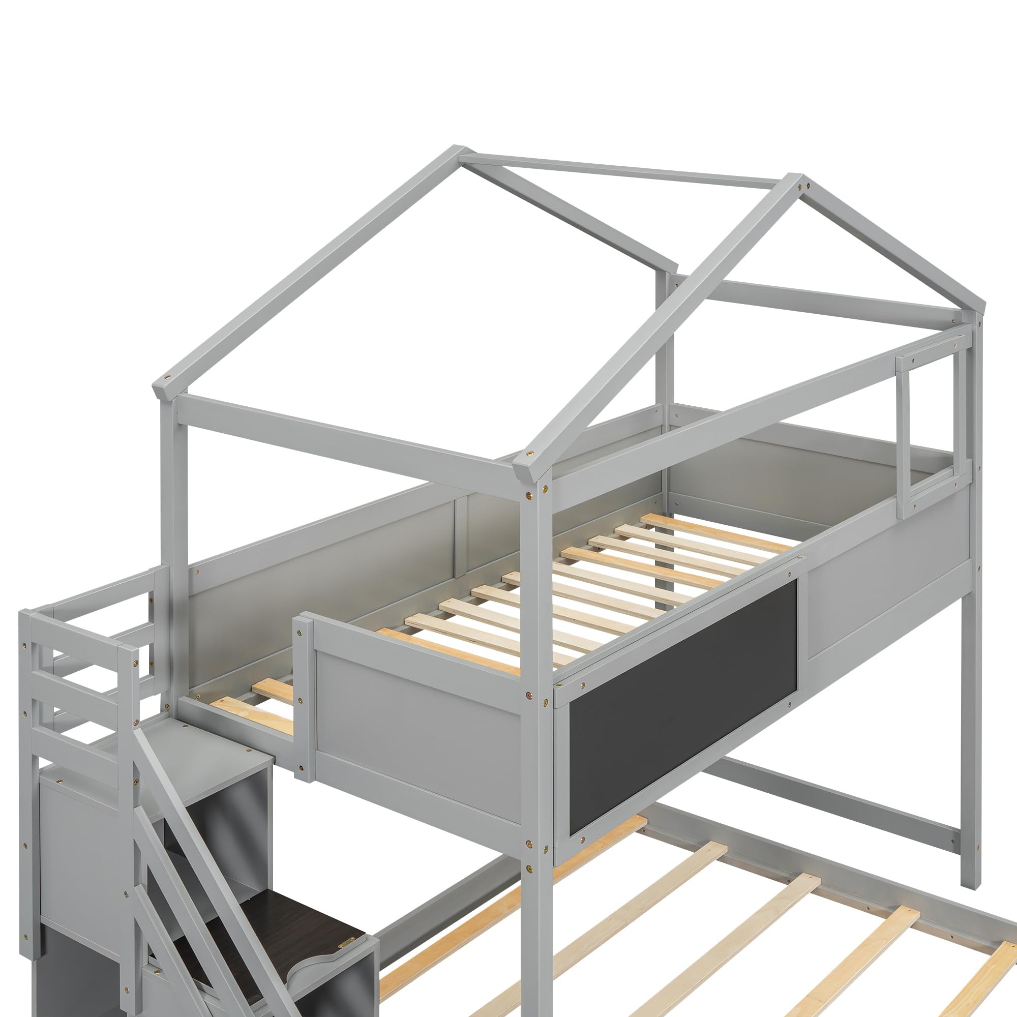 MERITLINE Bunk Bed Twin Over Full with Storage Staircase and Blackboard,Wooden House Bunk Beds Frame for Kids, Boys,Girls, No Box Spring Needed(Gray)