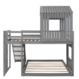 Harper & Bright Designs Twin Over Full Bunk Beds with House Shape, House Bunk Bed with Roof, Window & Slide, Twin Over Full Farmhouse Bed Frame for Kids Girls Boys Teens (Grey)