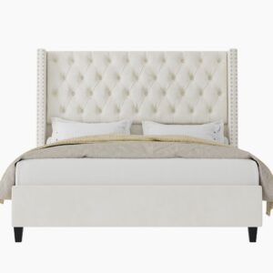 Jocisland Queen Upholstered Bed Frame with Tall Headboard Wingback Platform Bed Tufted Deep Button Velvet/No Box Spring Needed/Easy Assembly/Cream