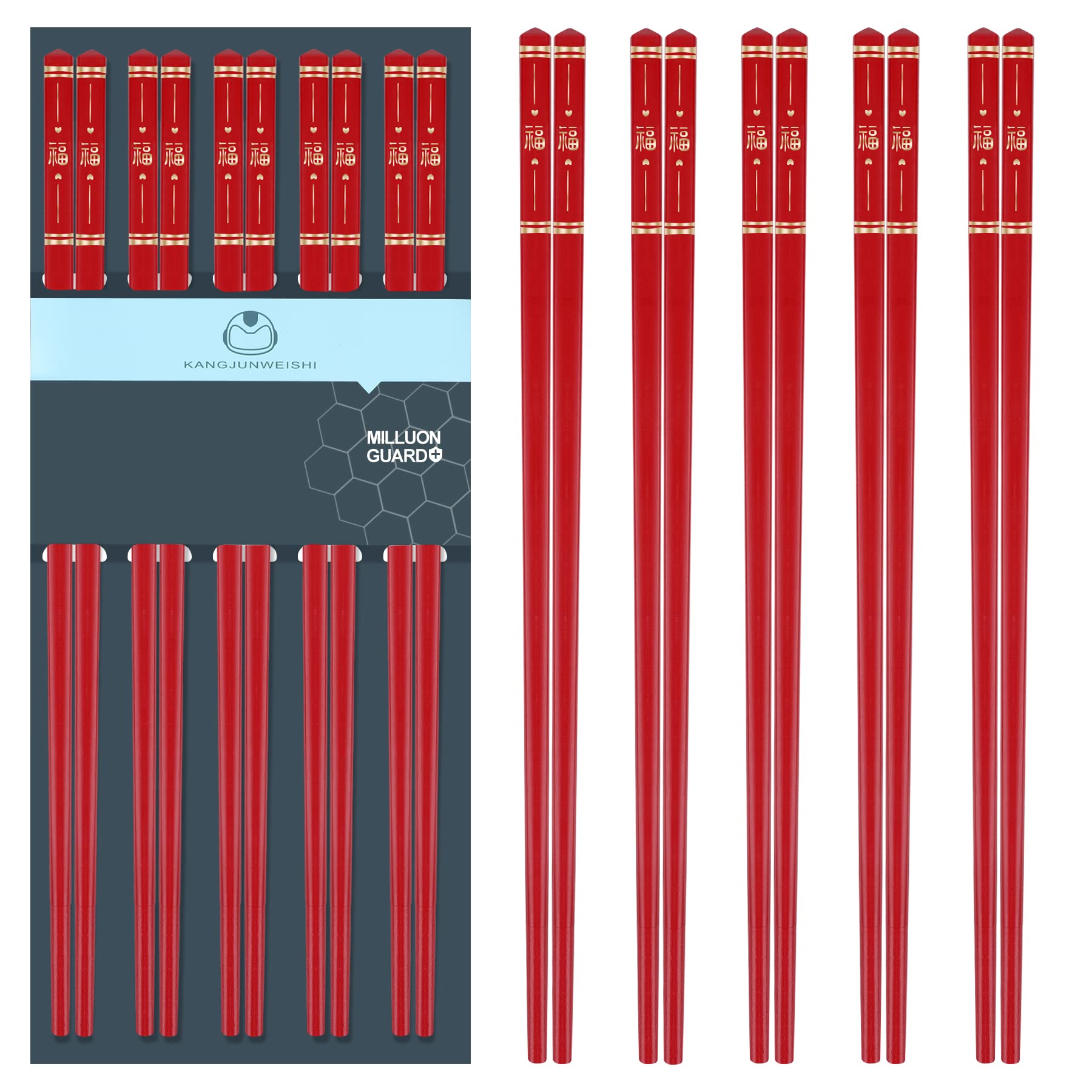 5 Pairs Chinese Chopsticks Reusable Fiberglass Dishwasher Safe, 9.6 inch/24.3cm Matte Non-Slip Family/ Hotel/ Restaurant Japanese Chop Sticks, Christmas&New Year Chopstick Gift, Traditional Red