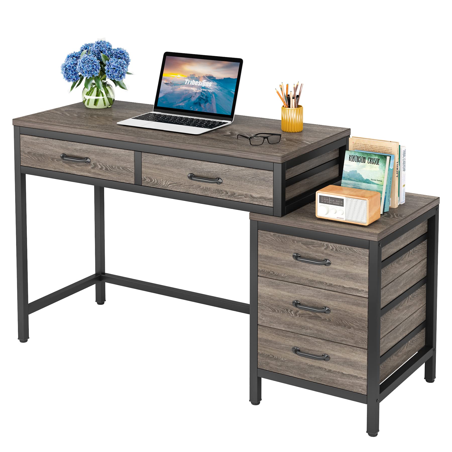 LITTLE TREE Home Office Computer Desk with Drawers, Grey