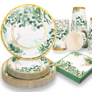 gudvilla sage green party decorations, sage green plates, baby shower plates and cups and napkins sets 200 pcs, eucalyptus bridal shower plates for sage green birthday wedding baptism, serves 50