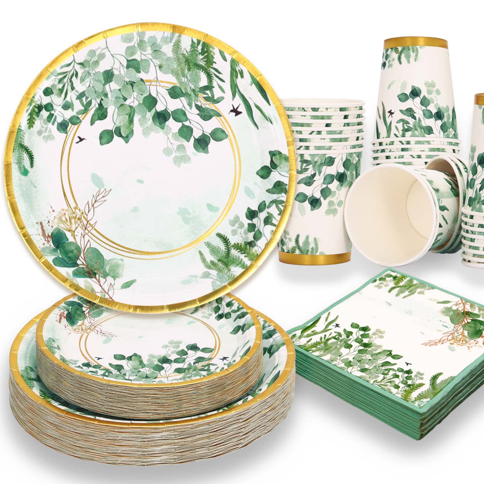 Gudvilla Sage Green Party Decorations, Sage Green Plates, Baby Shower Plates and Cups and Napkins Sets 200 Pcs, Eucalyptus Bridal Shower Plates for Sage Green Birthday Wedding Baptism, Serves 50