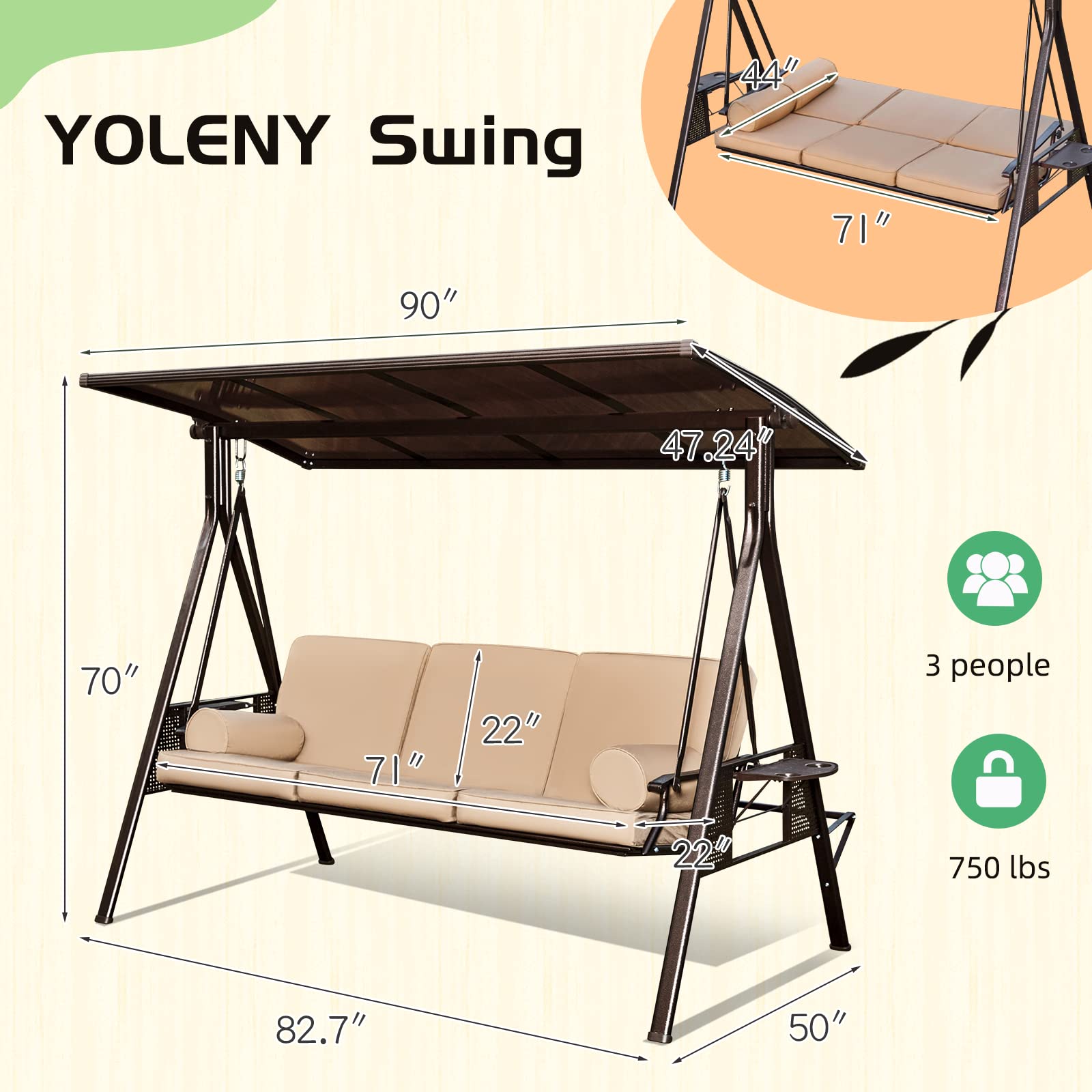 YOLENY 71in Outdoor Porch Swing with Hardtop, 3 Seat Patio Swing with 2 Side Cup Holder, Convertible Backrest Swing Bed with Cushion, 2 Pillows for Front, Porch, Lawn