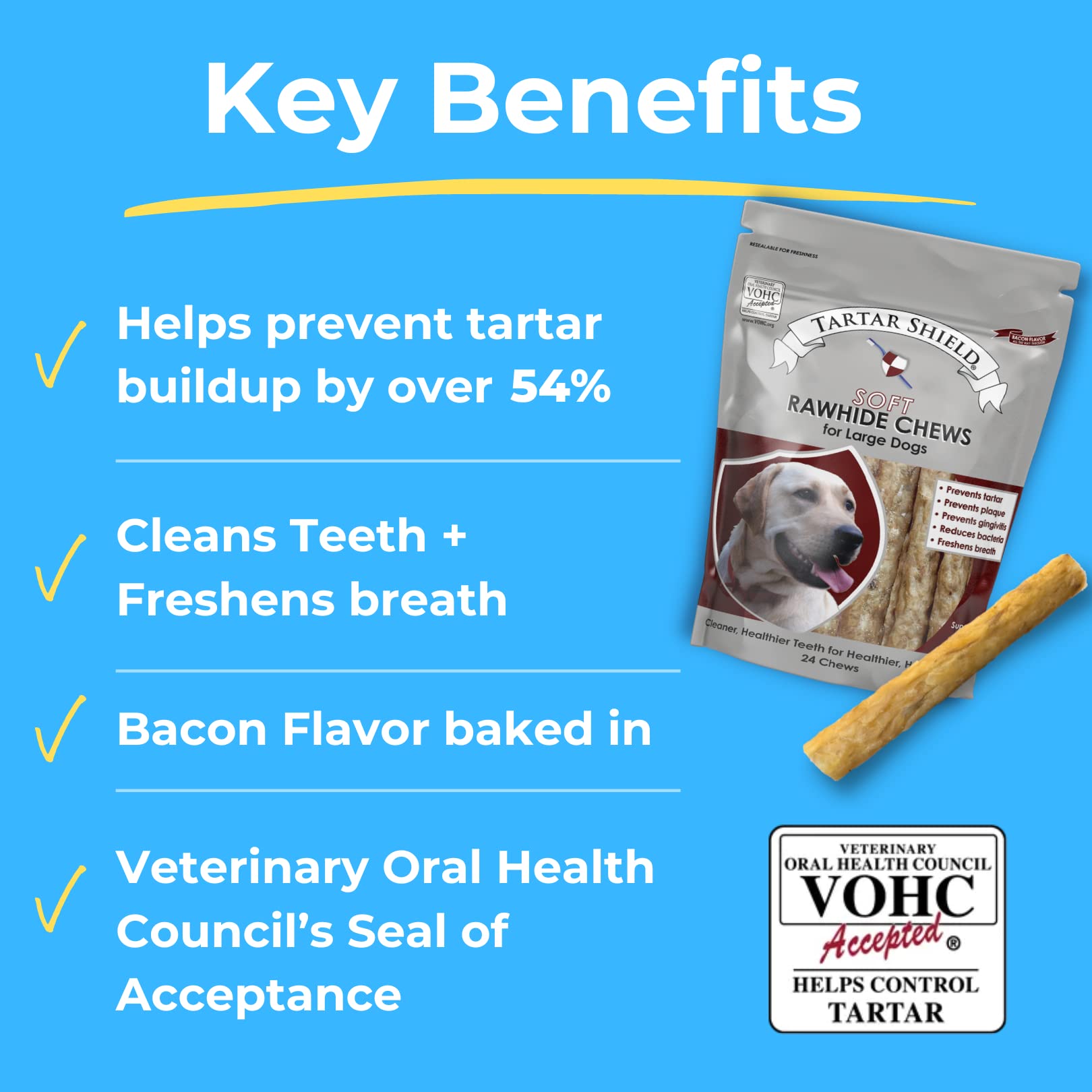 Tartar Shield Soft Rawhide Chews | Safe Dental Treats for Large Dogs | Vet VOHC Approved | Daily Bone Cleans Teeth & Gums Fresh Breath Oral Health Support | USA Made | (Large Dogs / 8 Count)