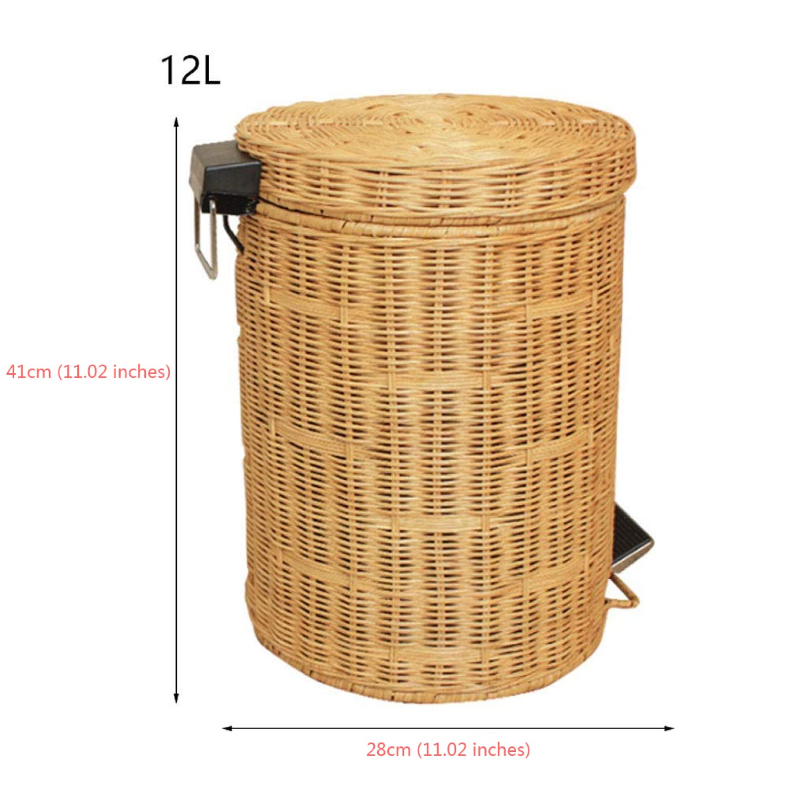 Round wicker dustbin with cover, hand-woven foot-type dustbin, separated dustbin in office and living room, waste paper basket, slow-drop dustbin in kitchen and toilet, mobile dustbin(12L, Yellow)