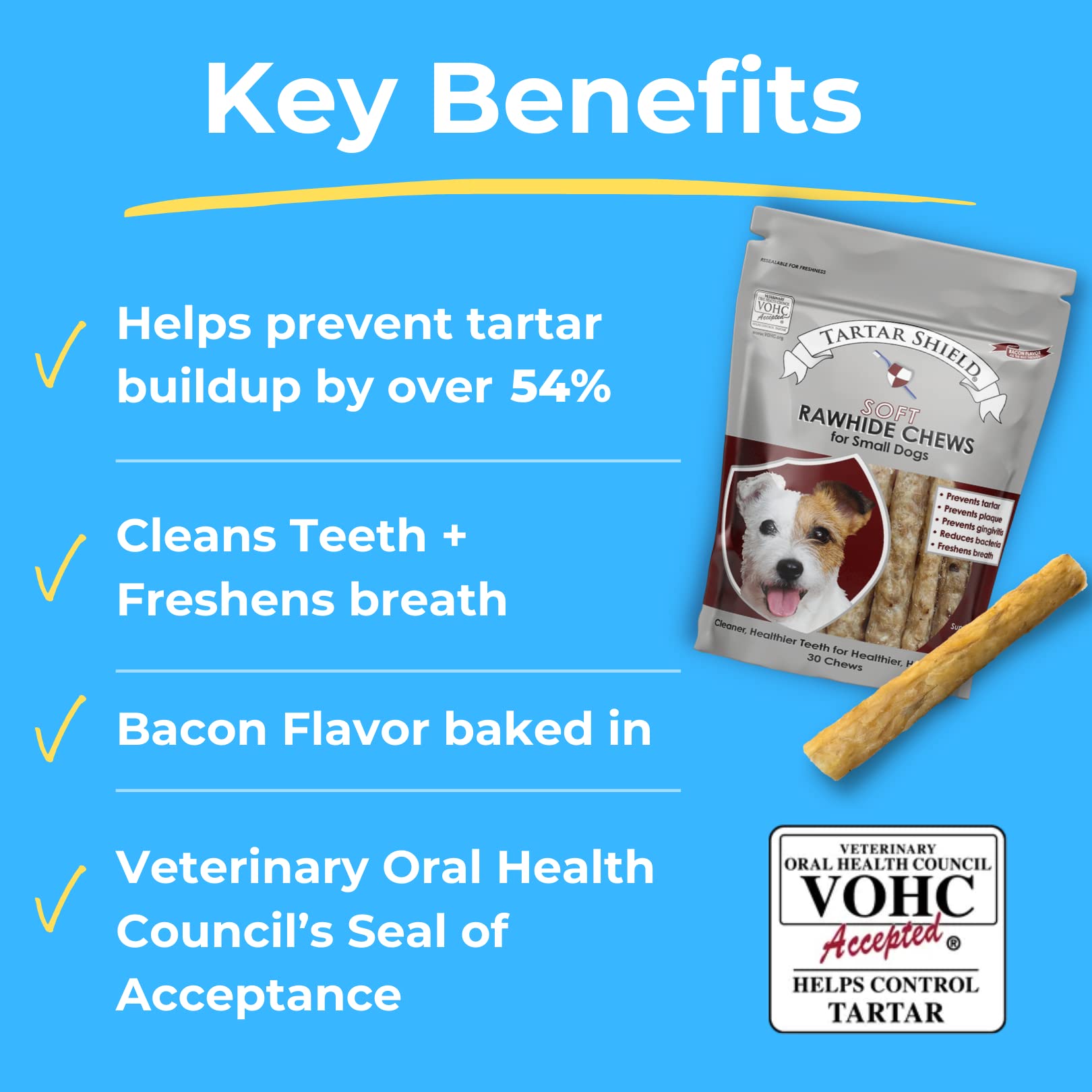 Tartar Shield Soft Rawhide Chews | Safe Dental Treats for Small Dogs | Vet VOHC Approved | Daily Bone Cleans Teeth & Gums Fresh Breath Oral Health Support | USA Made | (Small Dogs / 30 Count)