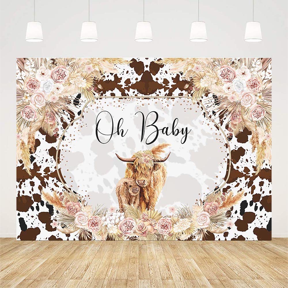 AIBIIN 7x5ft Highland Cow Baby Shower Backdrop Holy Cow Oh Baby Party Decorations for Boys Girls Pink Boho Floral Brown Highland Cattle Farm Photography Background Banner Photo Props