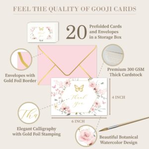 Gooji 4x6 Butterfly Dream Thank You Cards with Envelopes (Bulk 20-Pack) Baby Shower, Bridal Shower, Wedding, Greeting, Blank Notes Business Box Assorted Stationary Pink Flowers