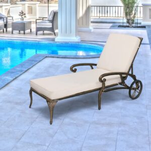 vingli cast aluminum outdoor chaise lounge chair with wheels, patio chaise lounge with 3-position adjustable backrest, outdoor tanning chair patio lounge chair (bronze, with cushion)