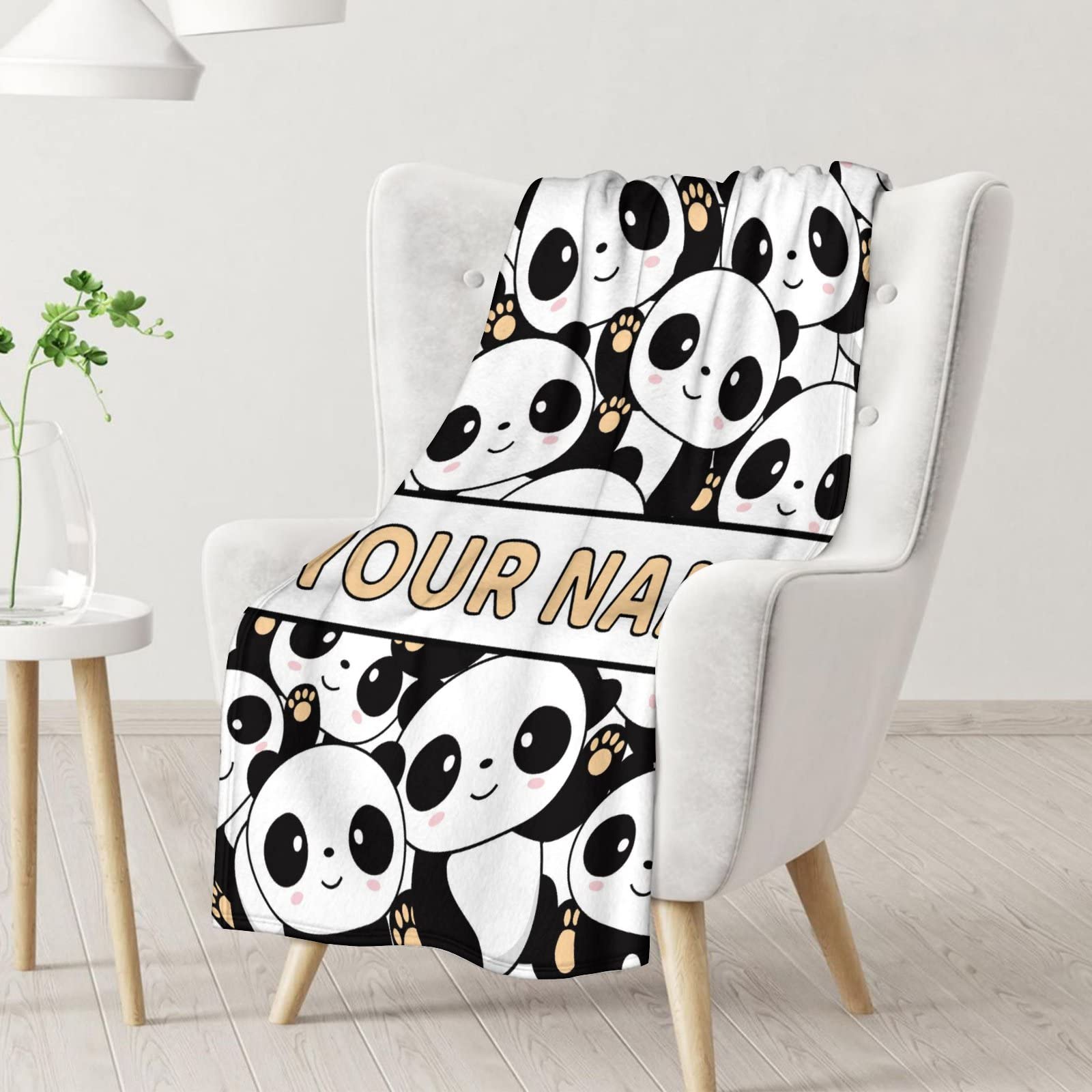 Custom with Name Kids Boys Girls Blanket - Soft, Lightweight & Warm - 60x50 Inches Panda Throw Blanket for Bed, Couch - White Panda Stuffed Blanket for Room Decor