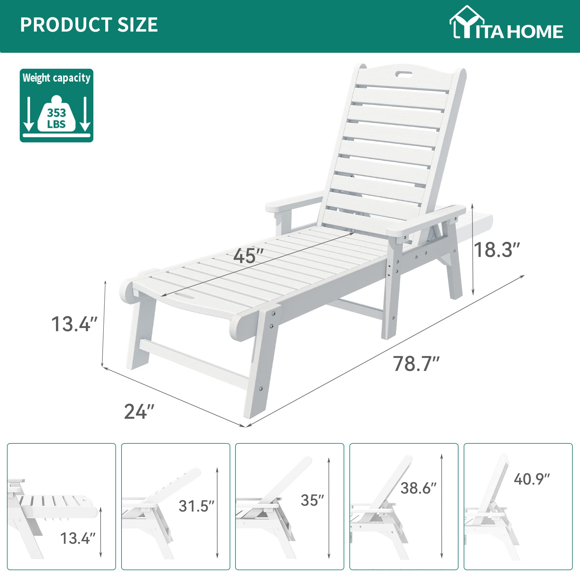 YITAHOME Outdoor Chaise Lounge Chair with Adjustable Backrest, Heavy Duty Resin Patio Lounger with Wide Armrest and 350lbs Capacity for Outside Poolside Beach Backyard, Waterproof, White