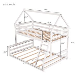 Merax Wood Bunk Bed with Ladder Twin Over Full,Montessori Low Bunk Bed for Boys, Girls Space-Saving,No Box Spring Needed White