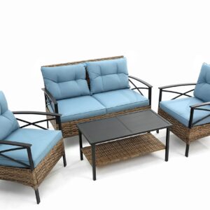 Hlcodca Outdoor Patio Furniture Sectional Sofa Set,4-Piece Rattan Wicker Dining Conversation Patio Set with Cushion & Table for Porch Yard Pool or Backyard (Blue/Garden@)