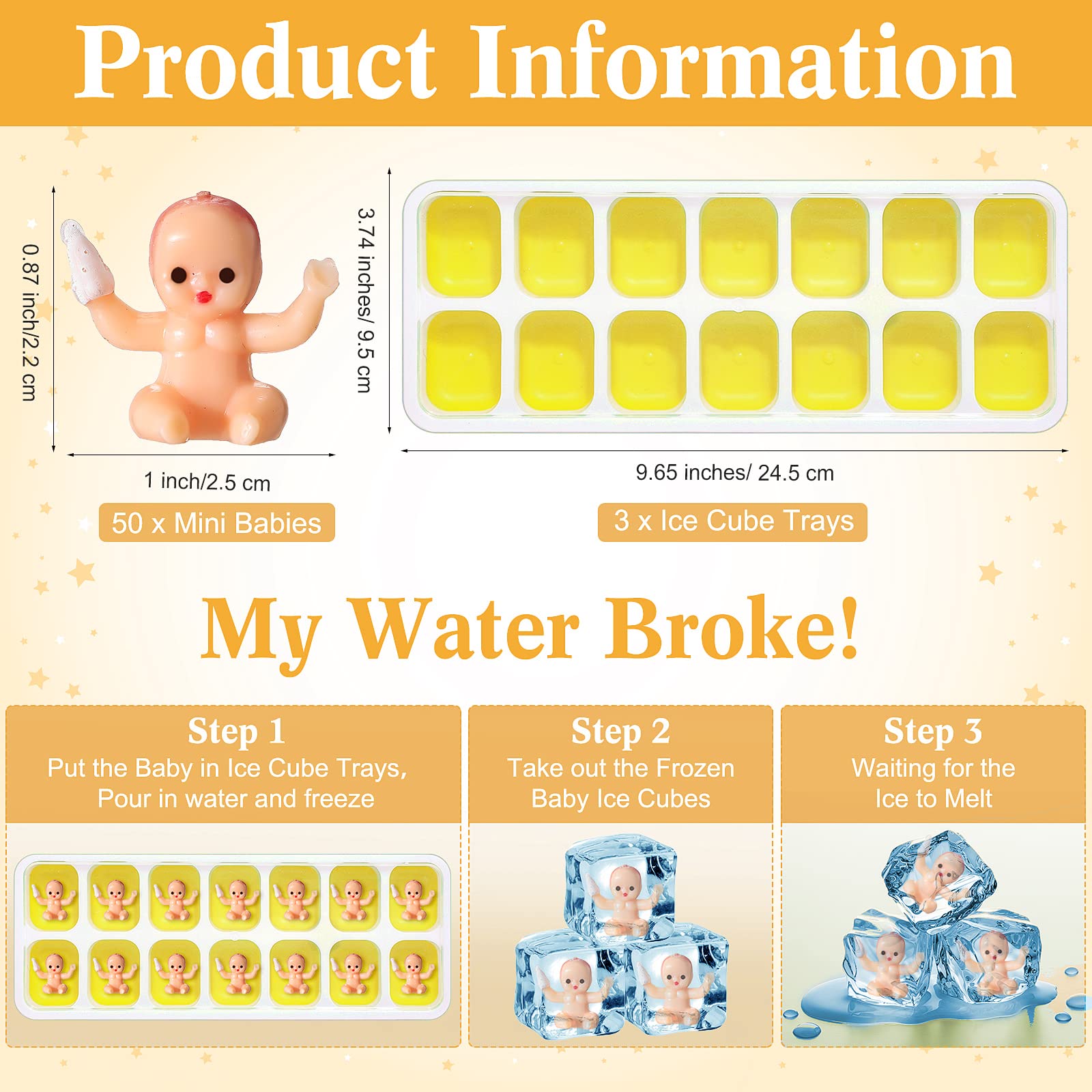 54 Pcs My Water Broke Game Baby Shower Game Sign Wooden Baby Gift Sets Gender Reveal Party Decors 50 Tiny Plastic Babies Small Mini Baby 3 Ice Cube Trays for Baby Shower Gender Reveal Party (Bee)