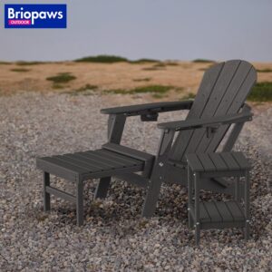 BRIOPAWS Folding Adirondack Chair with Adjustable Backrest & Ottoman, Wood Texture All-Weather HDPE Outdoor Chairs w/Cup Holders & Retractable Footrest for Poolside, Fire Pit, Campfire, Deck, Grey