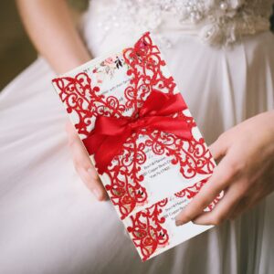 kalopezy 25pcs wedding invitation red invitations red powder floral laser cut with blank inner sheet envelopes and ribbons for wedding engagement bridal bridal shower invite