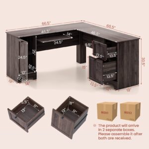 Tangkula L-Shaped Office Desk with Storage Drawers & Keyboard Tray, Home Office Corner Computer Desk with Cabinet & Inner Adjustable Shelf, Space-Saving Study Writing Desk, Computer Workstation