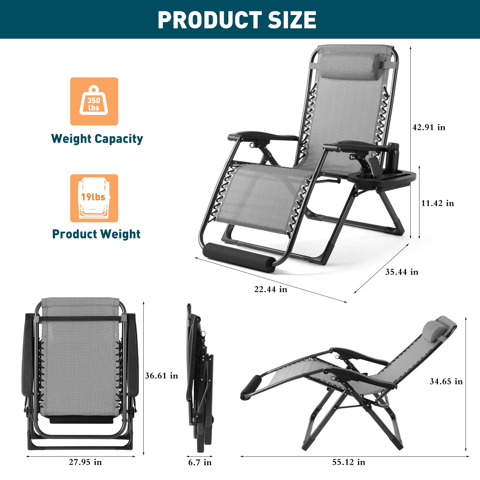 Artist hand Zero Gravity Chair, Oversize XL Outdoor Anti Gravity Chairs, Lawn Chaise, Patio Lounge Folding Adjustable Recliner with Detachable Soft Cushion, Adjustable Headrest, Foot Pad & Cup Holder