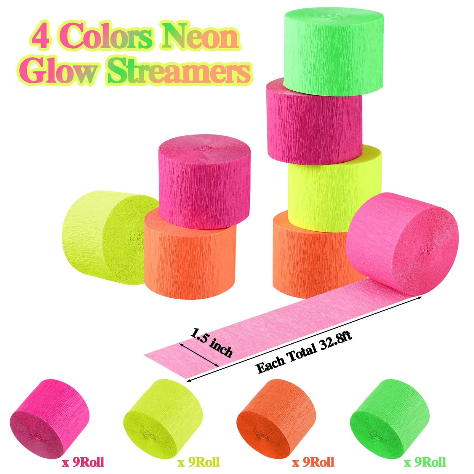 36 Rolls Glow in The Dark Streamers Party Streamer Crepe Paper Neon UV Reactive Fluorescent Neon Streamer Black Light Party Supplies and Decorations for Birthday Fiesta Glow Halloween Party