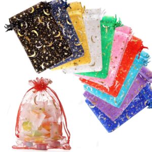 hopttreely 100pcs moon star organza bags, 3x4 organza jewelry candy bags, mixed color organza favor bags gift pouch with drawstring for wedding party