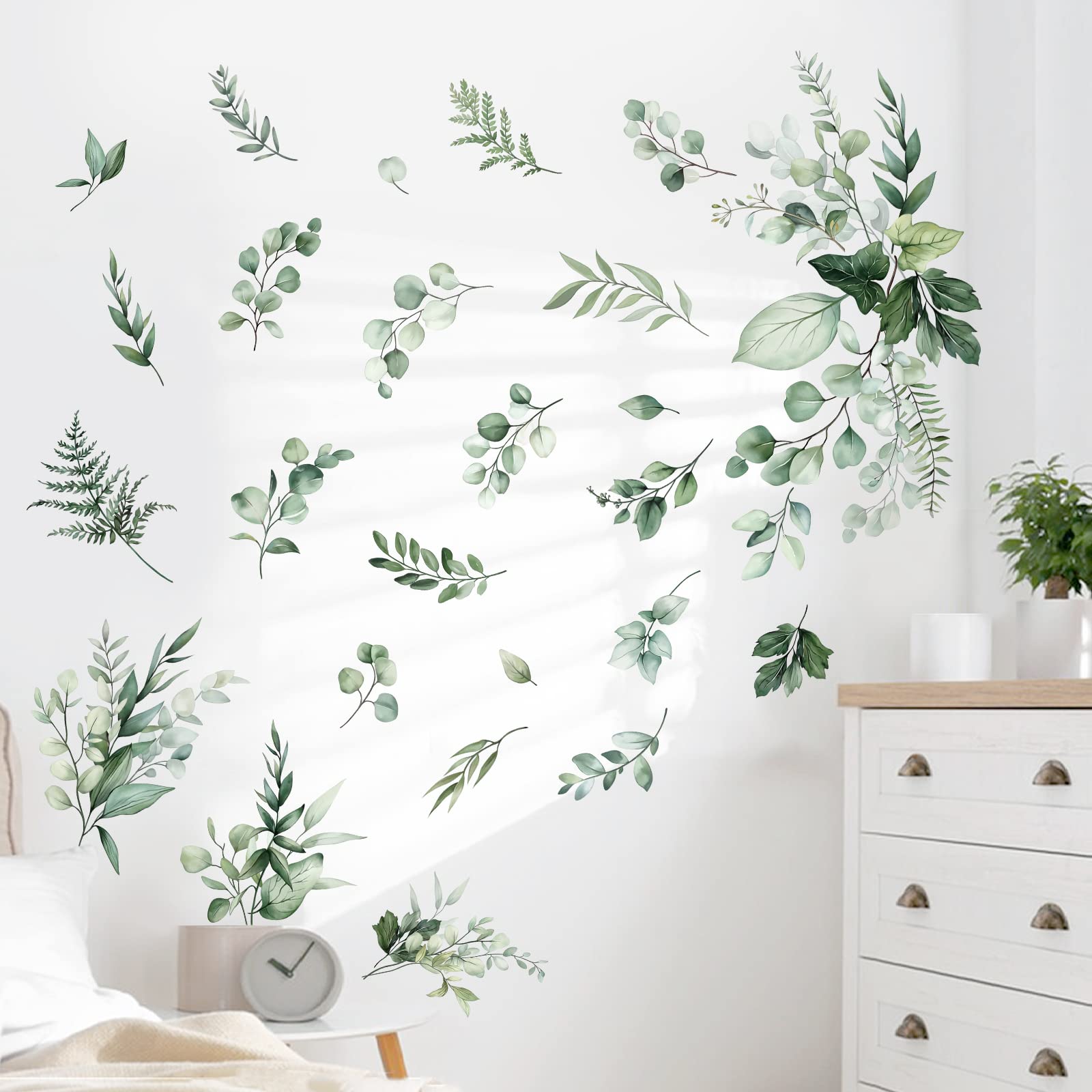 decalmile Botanical Green Leaves Wall Stickers Eucalyptus Leaf Plants Wall Art Decals Bedroom Living Room TV Background Wall Decor