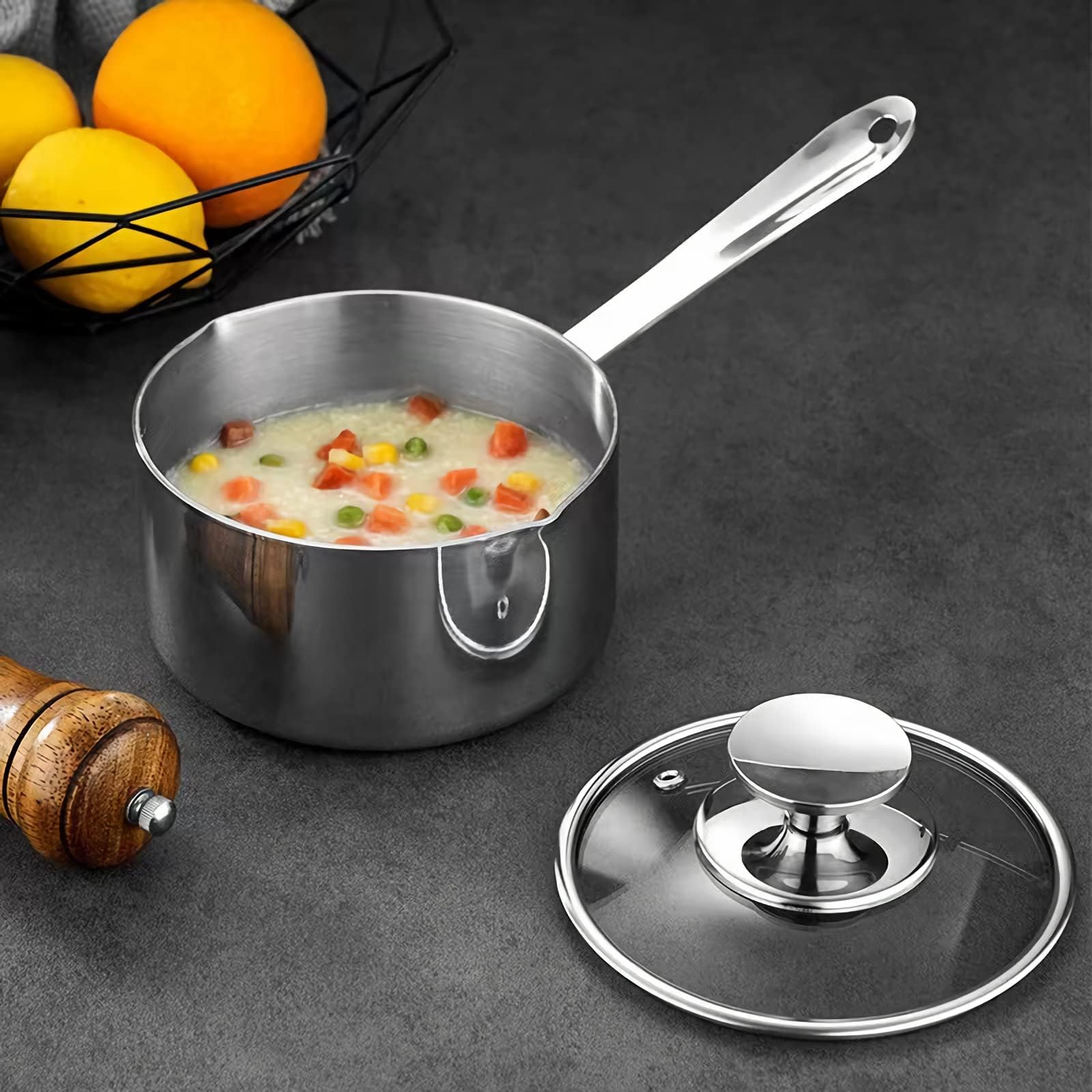 KANGXW 316L Stainless Steel Saucepans, 1.0 Quart Pan, With Pour Spout and Filter Glass Lid, Boiling Milk Pots, Sauce, Gravy, Butter Melting Pot(1.0qt)