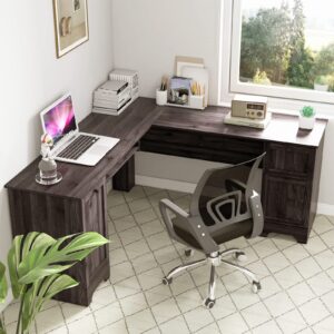 Tangkula L-Shaped Office Desk with Storage Drawers & Keyboard Tray, Home Office Corner Computer Desk with Cabinet & Inner Adjustable Shelf, Space-Saving Study Writing Desk, Computer Workstation