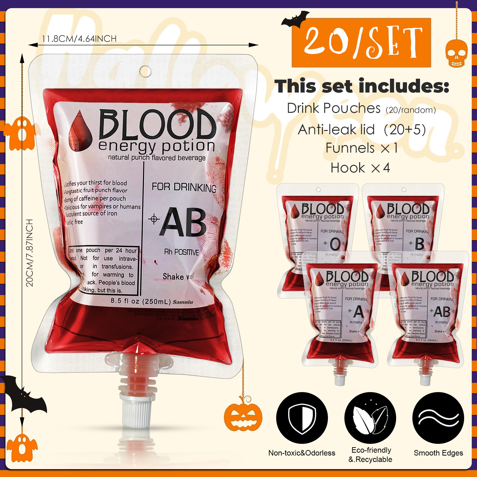 Samniu 20 packs of Blood Bags for Drinks, 8.5fl oz/250ml Drink Pouches for Adults, Reusable IV Bag with Hook, Halloween, Birthday, Summer Pool Party Decorations