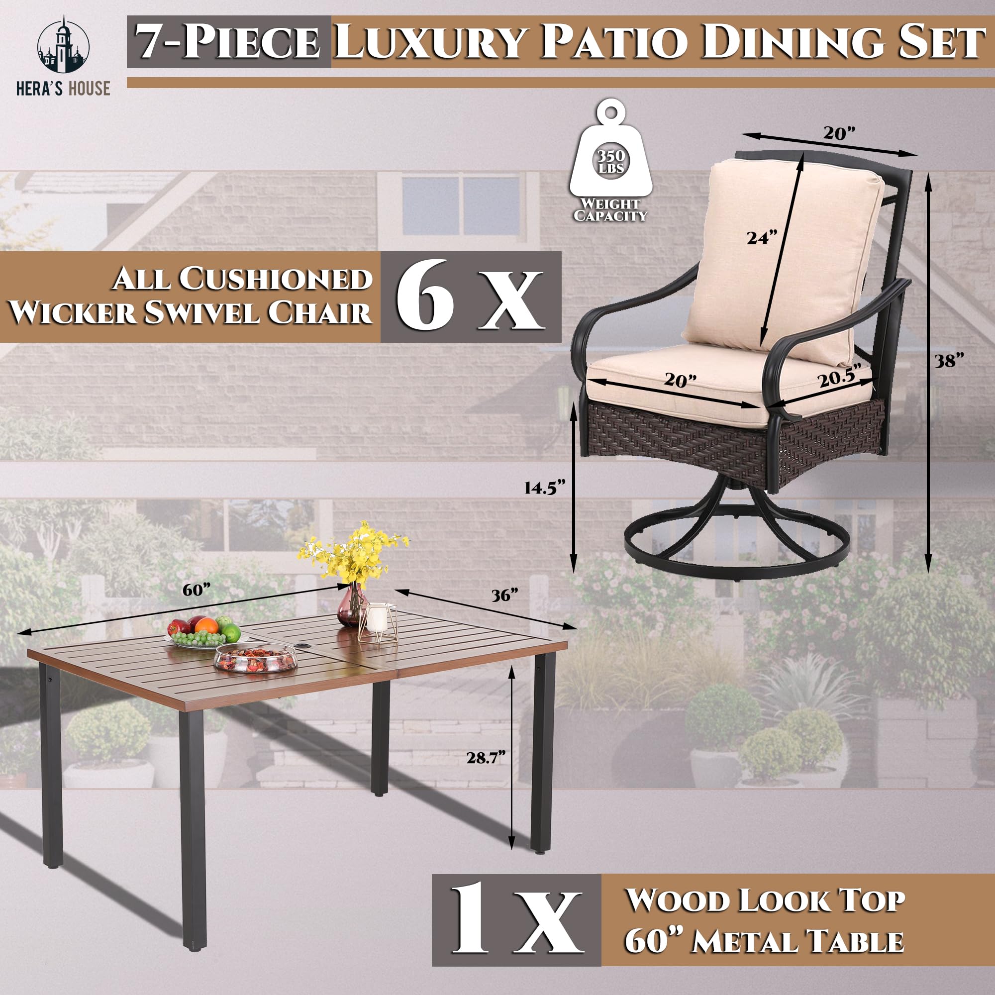 HERA'S HOUSE 7 Pieces Patio Dining Sets, 6 x Swivel Dining Chairs with Removable Cushions, 1 x Rectangular Wood-Like Dining Table, Outdoor Furniture Set for Patio Lawn Garden Porch