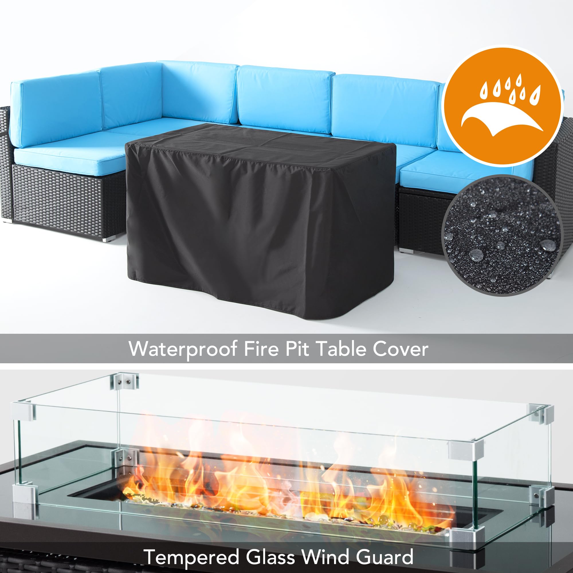 Pamapic 8 Pieces Patio Conversation Sets with fire Pit, Patio Furniture Sectional Sofa with Gas Fire Pit Table(Black Wicker,Blue Cushions)