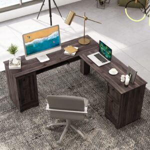 Tangkula L-Shaped Office Desk with Storage Drawers & Keyboard Tray, Home Office Corner Computer Desk with Cabinet & Inner Adjustable Shelf, Space-Saving Study Writing Desk, Computer Workstation