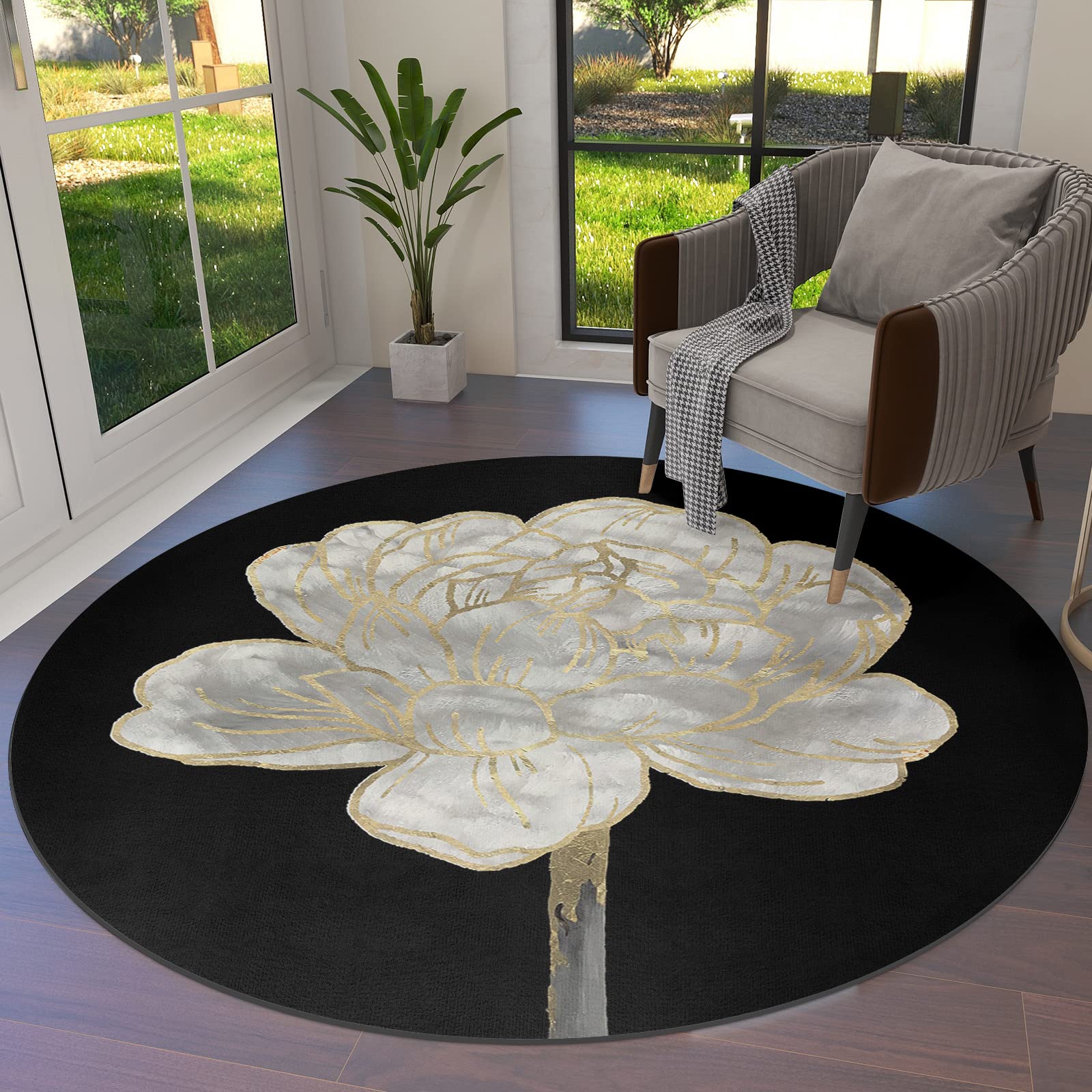 Abstract White Floral Round Area Rug 3.3ft,Washable Outdoor Indoor Carpet Runner Rug for Bedroom,Kitchen,Living Room,Spring Botanical Flower Gold Line Black Area+Rug Small Bath Door Desk Floor Mat