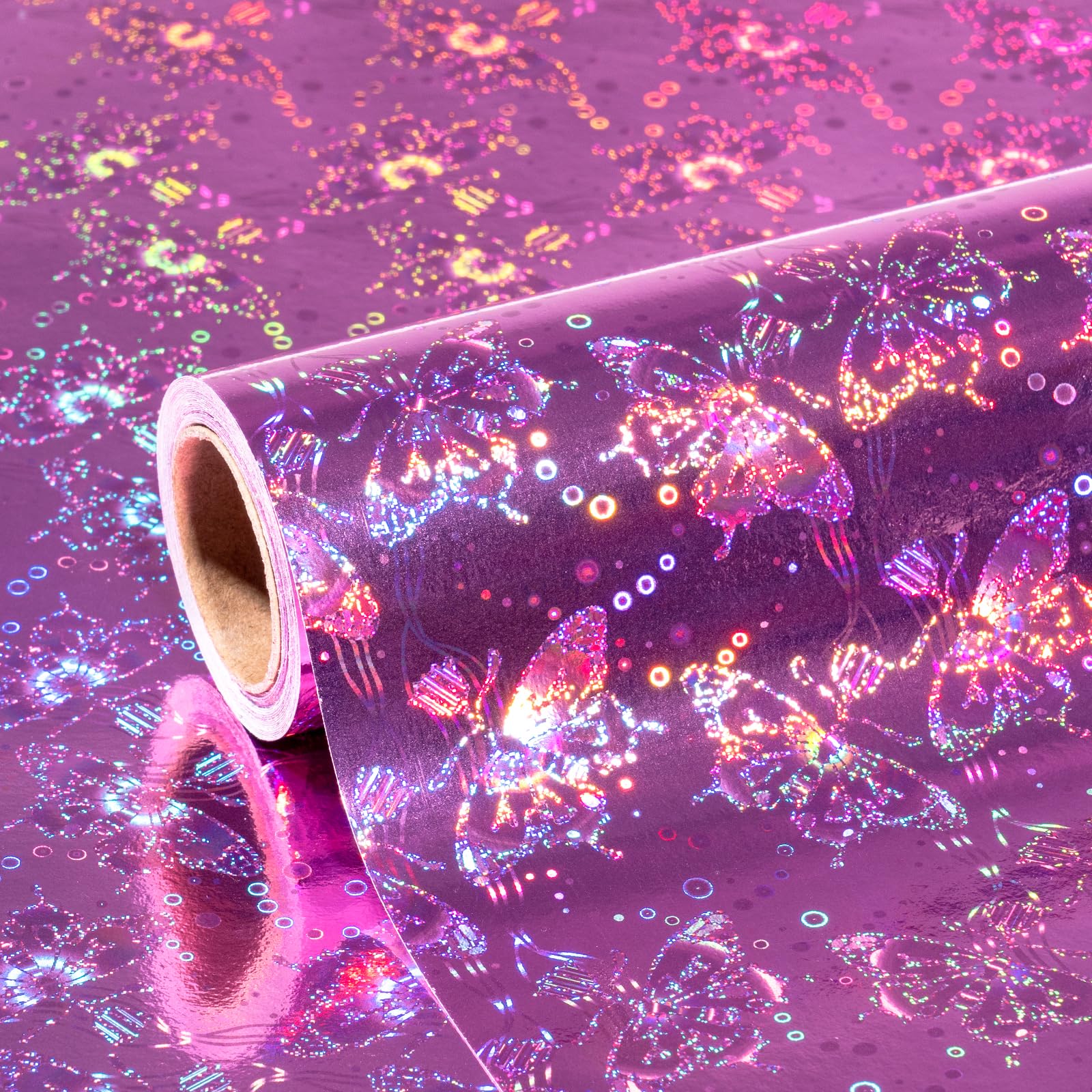 LeZakaa Pink Holographic Wrapping Paper - Mini Roll - Butterfly Print for Birthday, Holiday - 17 inches x 32.8 Feet (46.5 sq.ft.)