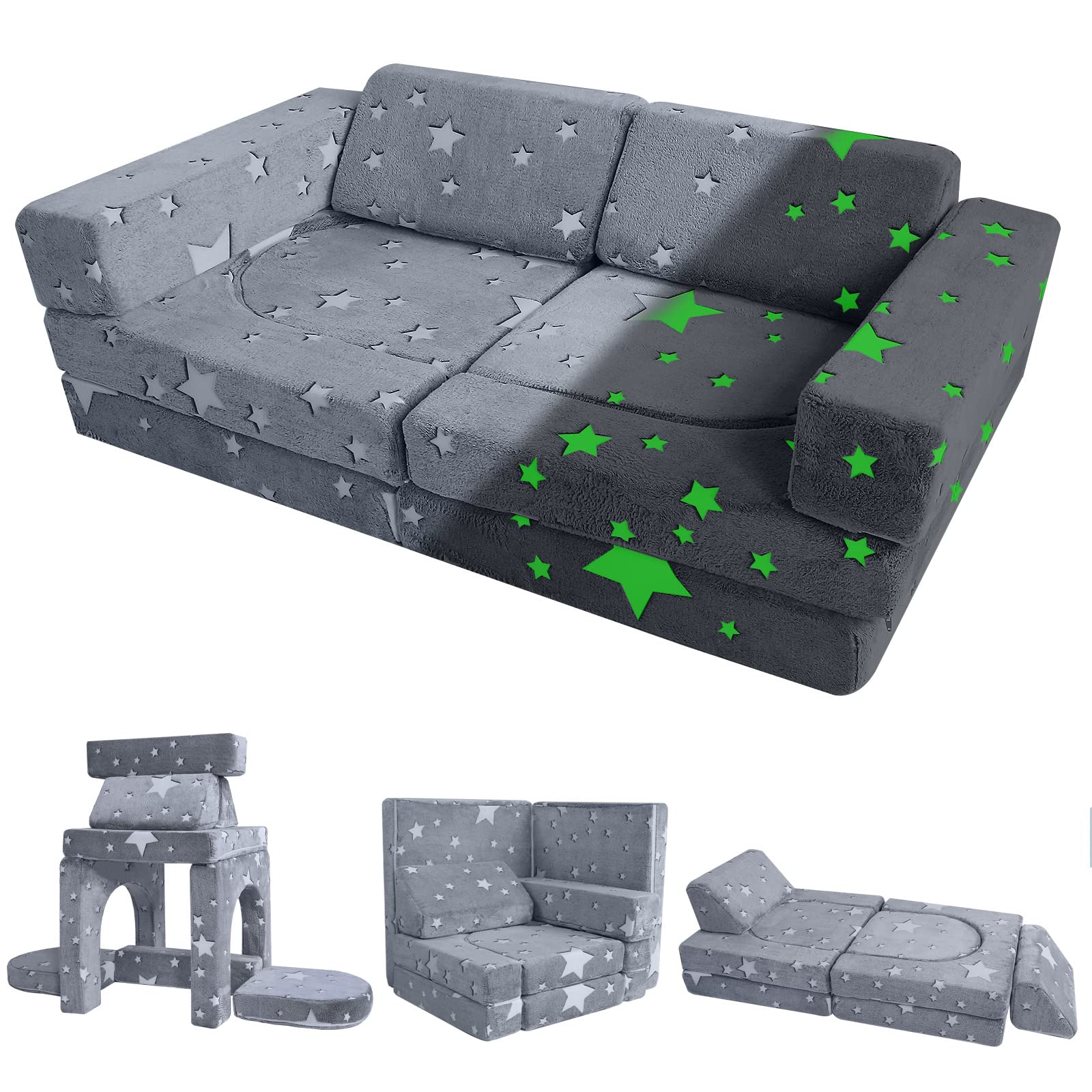 MeMoreCool Kids Couch, 10-Piece Modular Play Couch for Playroom, Fold Out Kids Sofa for Girl Boy, Glow Star