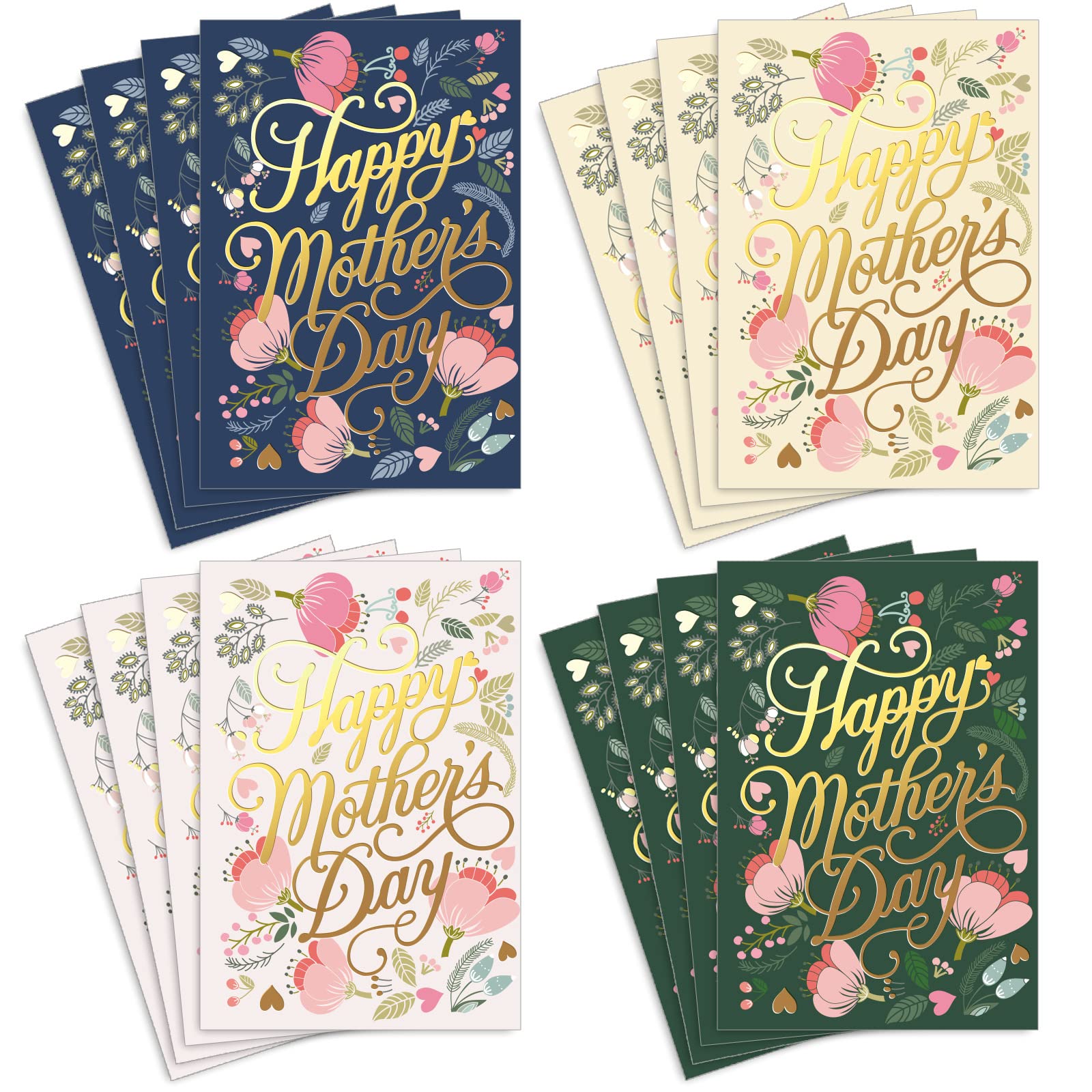 AnyDesign Greeting Card, 16 Pack Foil Gold Mother's Day Card with Stickers & Envelopes, Floral Blank Note Cards Assortment for Birthday Celebration, 4 x 6 Inch