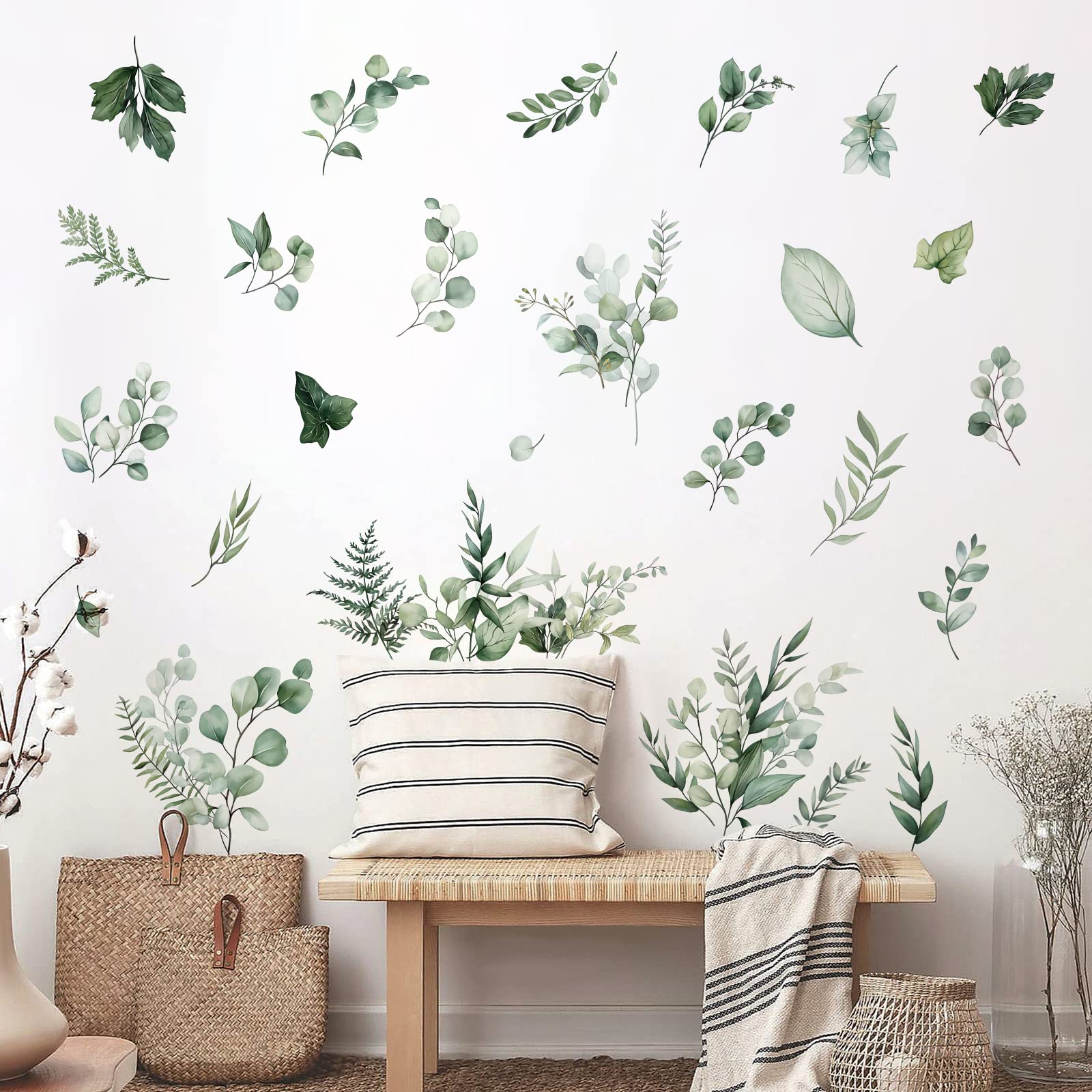 decalmile Botanical Green Leaves Wall Stickers Eucalyptus Leaf Plants Wall Art Decals Bedroom Living Room TV Background Wall Decor