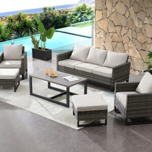 HUMMUH 6 Piece Patio Furniture All Weather Wicker Outdoor Sectional Sofa,High Back Patio Chairs,Coffee Table and Ottomans Set for Porch,Garden,Backyard