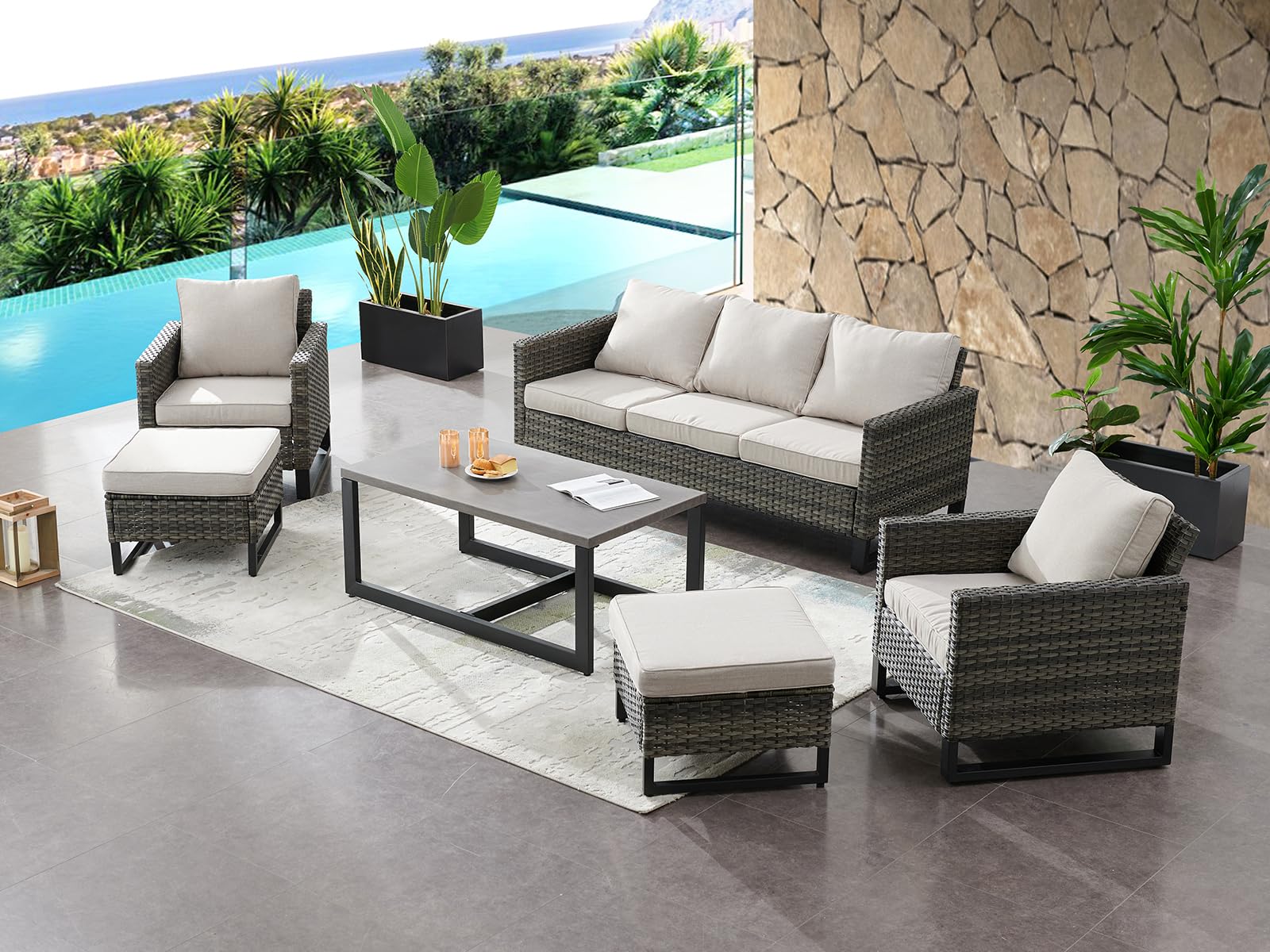 HUMMUH 6 Piece Patio Furniture All Weather Wicker Outdoor Sectional Sofa,High Back Patio Chairs,Coffee Table and Ottomans Set for Porch,Garden,Backyard