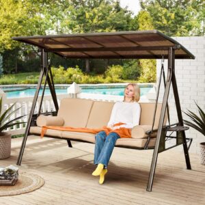 YOLENY 71in Outdoor Porch Swing with Hardtop, 3 Seat Patio Swing with 2 Side Cup Holder, Convertible Backrest Swing Bed with Cushion, 2 Pillows for Front, Porch, Lawn