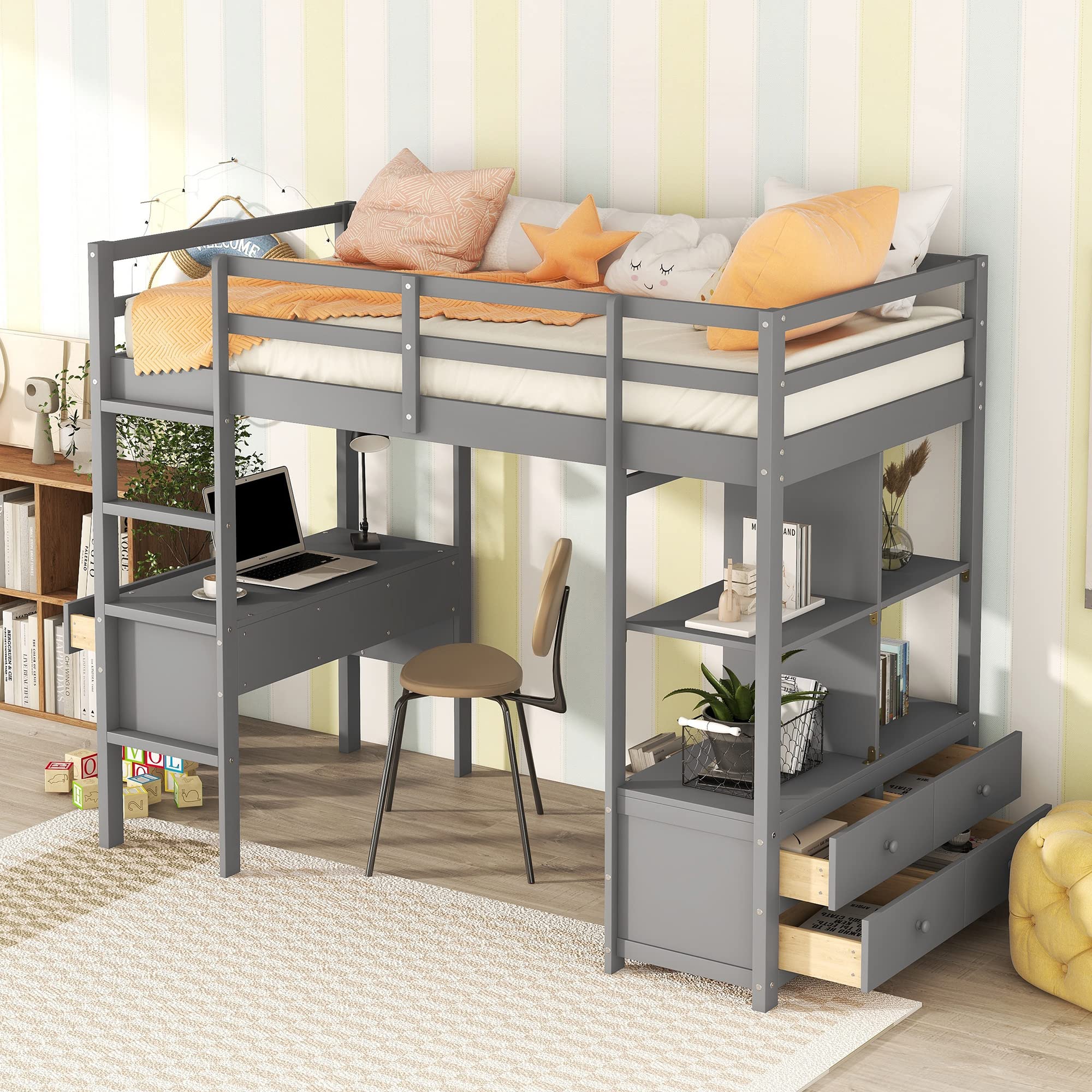 Harper & Bright Designs Twin Size Loft Bed with Desk and Storage, Solid Wood Twin Loft Bed with Storage Shelves and Drawers for Girls Boys Teens Adults,No Box Spring Needed (Twin,Grey)