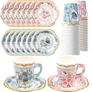 WorldBazaar Tea Party Cups and Saucers 24 Sets Floral Paper Cups with Handles 9oz Tea Party Decorations Flower Birthday Party Supplies Garden Baby Shower bulk