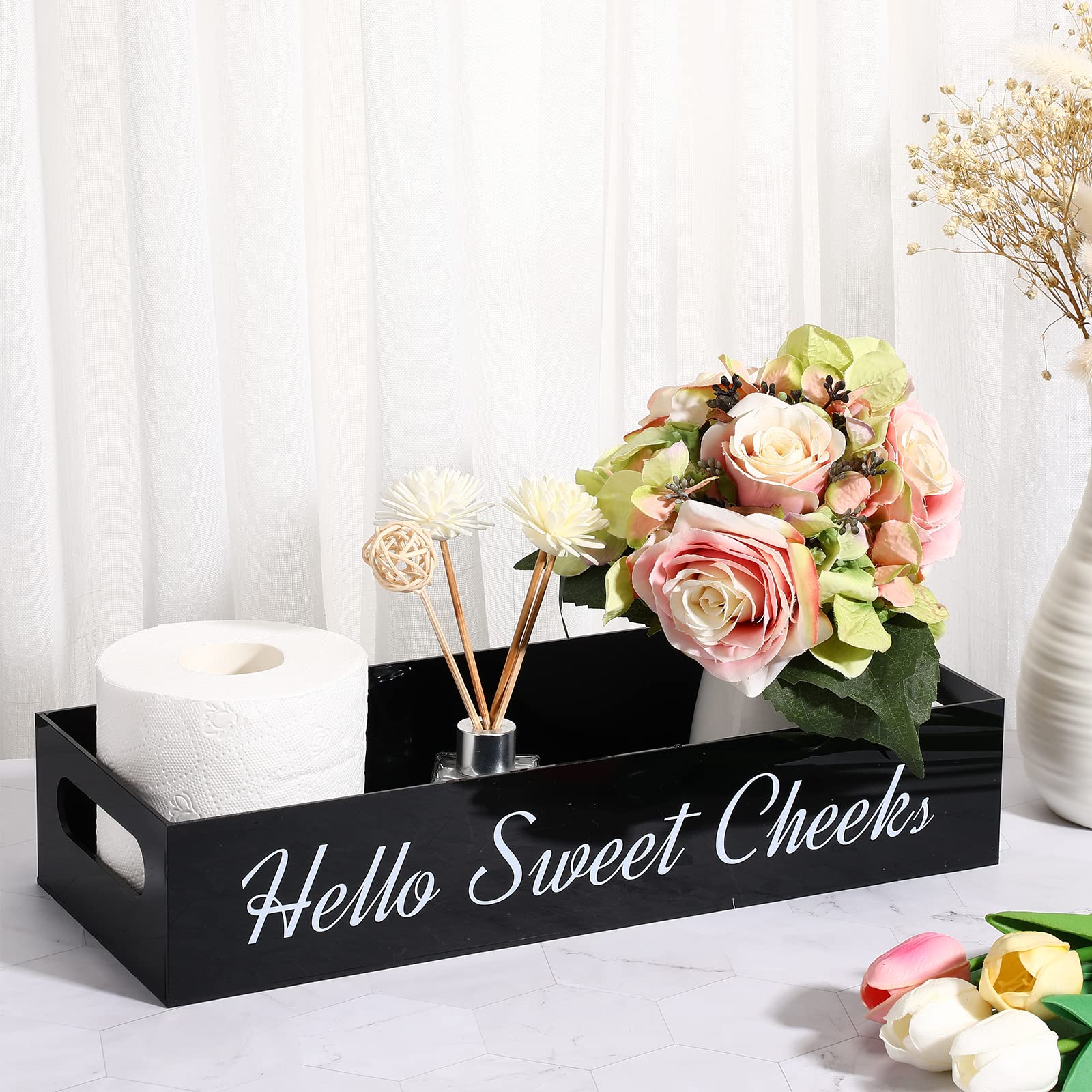 Acrylic Bathroom Tray for Counter Toilet Paper Basket 2 Side with Funny Saying Hello Sweet Cheeks Bathroom Box Black Toilet Tank Tray Countertop Organizer Farmhouse Decor for Tissues Candle Soap Towel