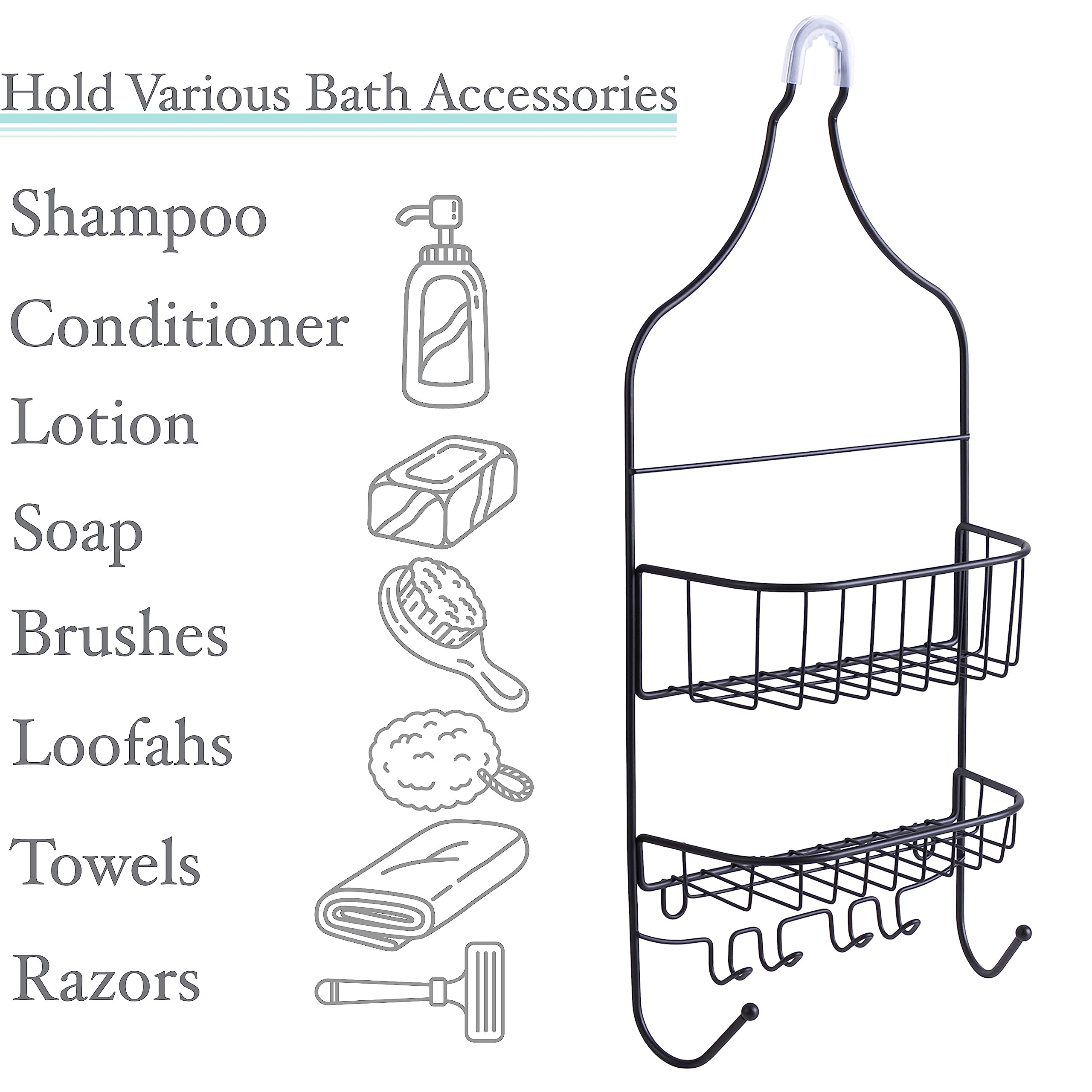 Bath Bliss Contour Shower Caddy | Dimensions: 9"x 4.3"x 21.5" | Hangs Over The Showerhead | Suction Cup Backing | All In One Caddy | Holds Shampoo | Conditioner | Lotion | Soap | Matte Black