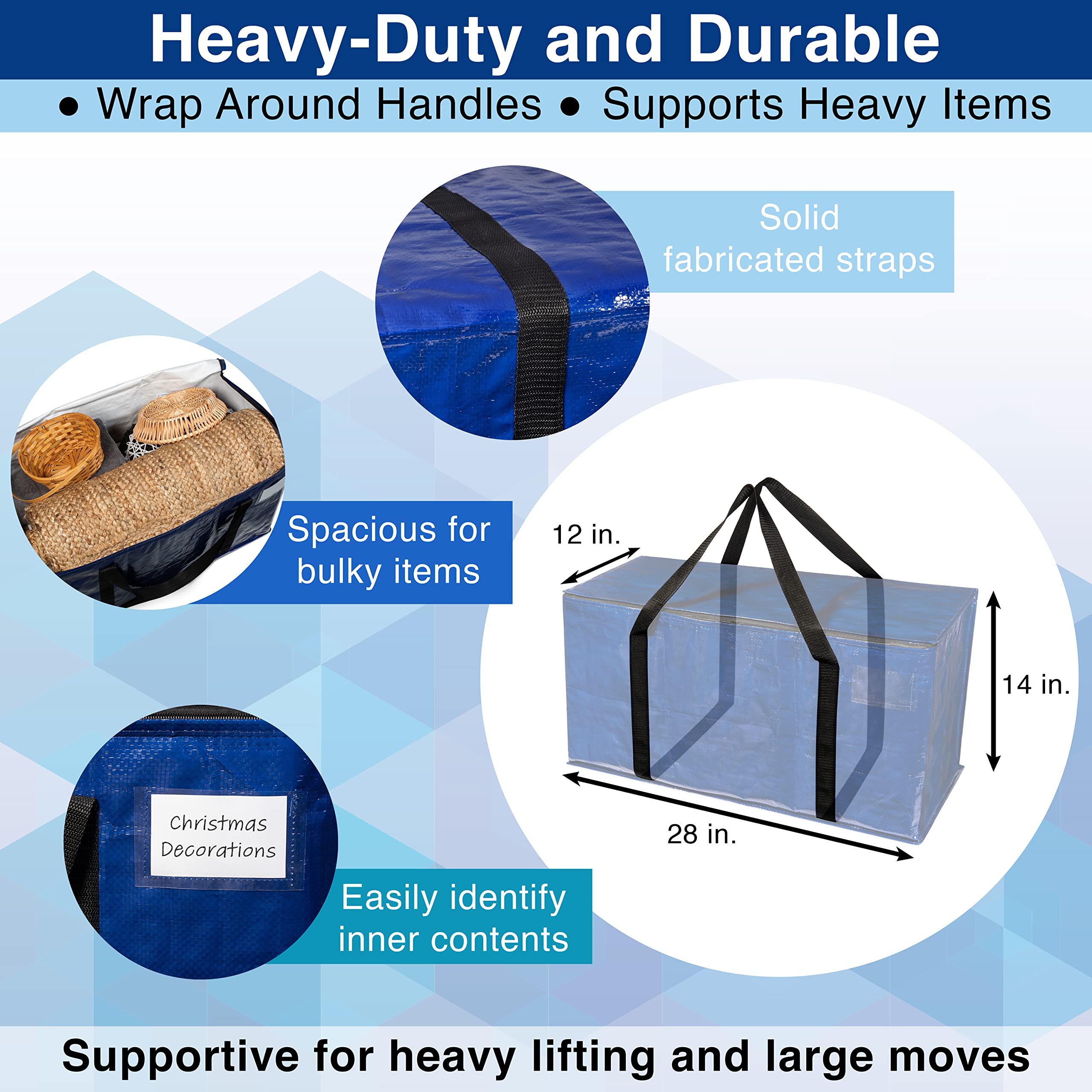 ClearSpace Heavy Duty Moving Bags or Storage Bag – Large Moving Boxes with Backpack Straps, Zippers & Handles – Perfect for Moving, College Dorm, Traveling, Camping, Christmas Decorations, 6 Pack