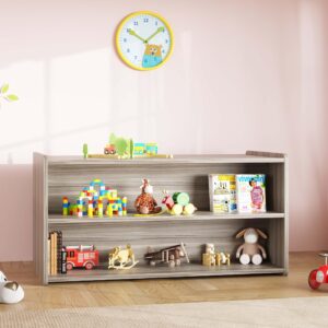 Tot Mate Preschool Double-Sided Wooden 2-Shelf Storage Organizer - Classroom Furniture for Daycare and Playroom, 46" W x 23.5" H (Shadow Elm Gray, Ready-to-Assemble)