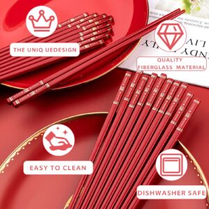 5 Pairs Chinese Chopsticks Reusable Fiberglass Dishwasher Safe, 9.6 inch/24.3cm Matte Non-Slip Family/ Hotel/ Restaurant Japanese Chop Sticks, Christmas&New Year Chopstick Gift, Traditional Red