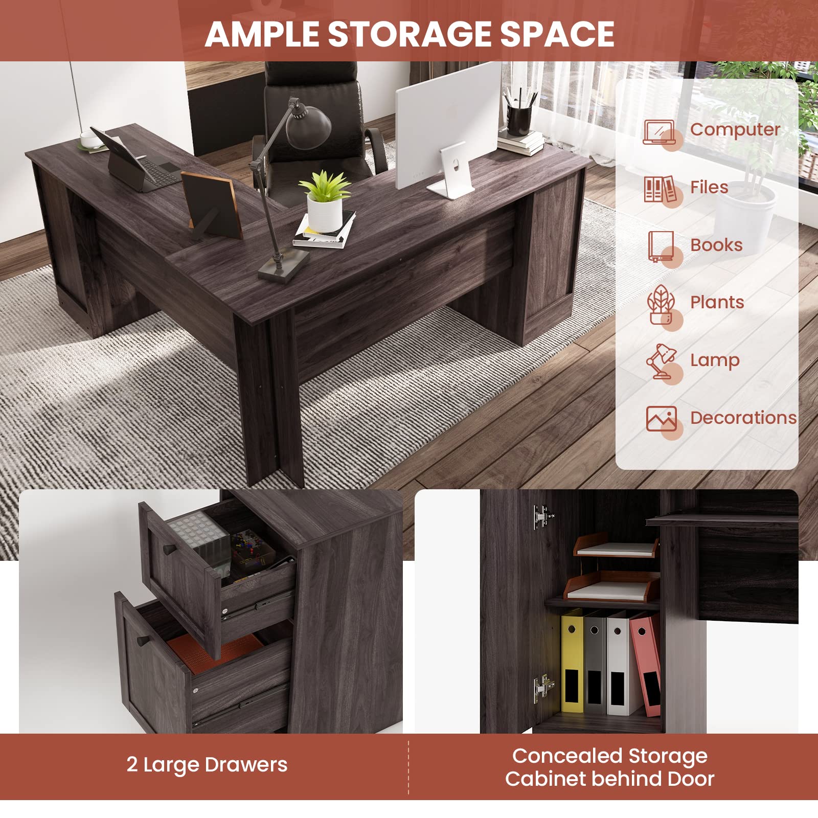 Tangkula L-Shaped Office Desk with Storage Drawers & Keyboard Tray, Home Office Corner Computer Desk with Cabinet & Inner Adjustable Shelf, Space-Saving Study Writing Desk, Computer Workstation